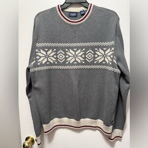Chaps Men’s Gray Crewneck Sweater with Cream Fair Isle and Burgundy Trim